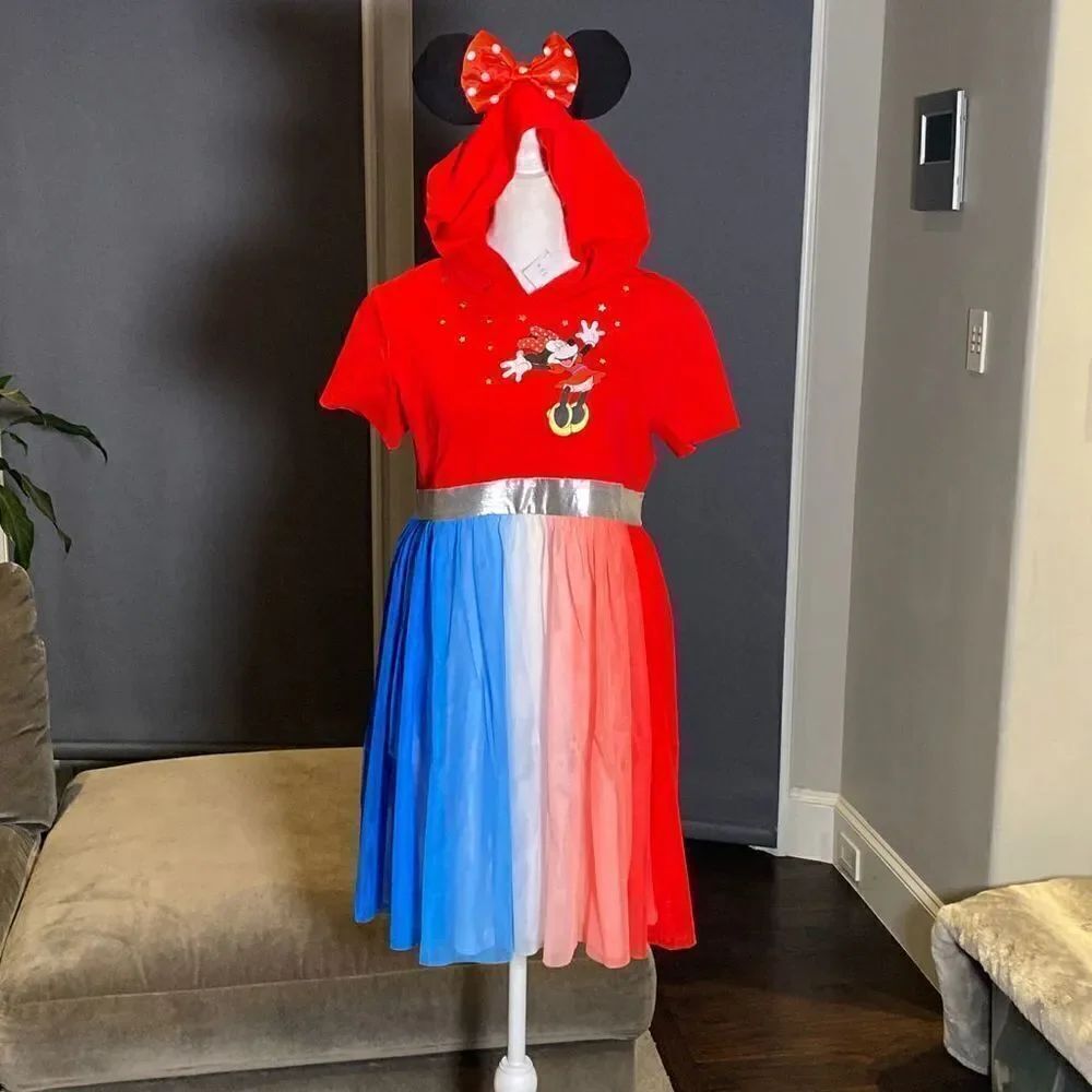 Kids Disney Minnie Mouse Dress with Hood Red White & Blue Size XXL NEW
